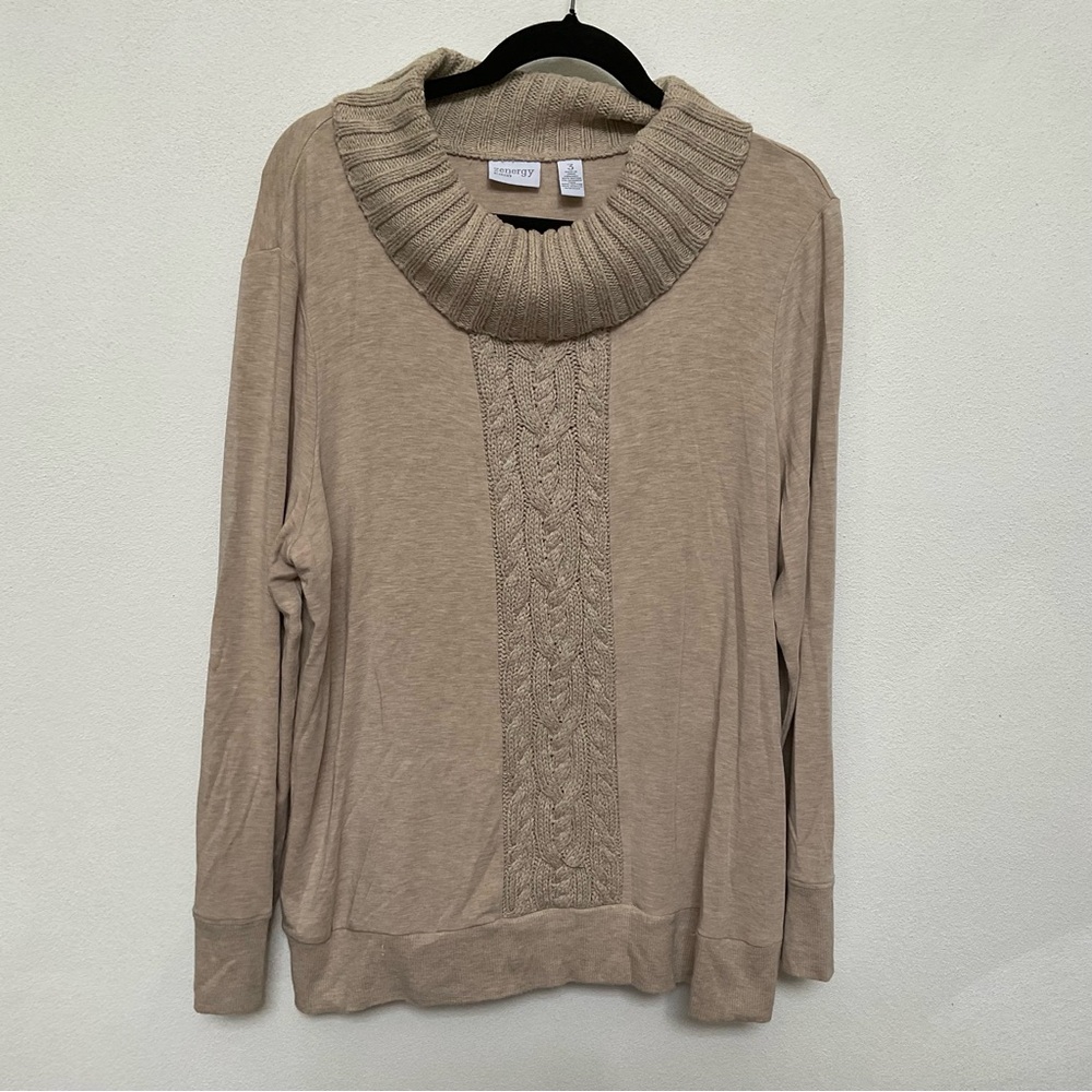 Zenergy by Chicos Tan Cable Knit Cowl Neck Long Sleeve Top Size 3 XL/16